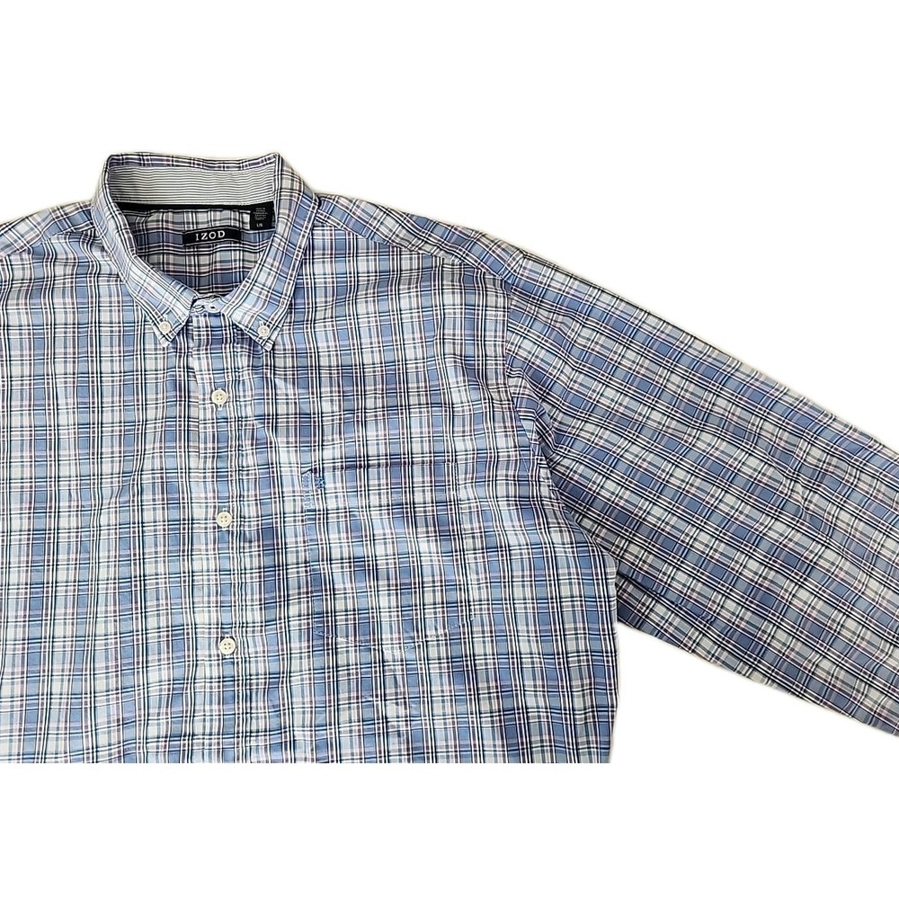 Izod Men's Large Relaxed Cotton Blend Blue Plaid Long Sleeve Button Fresh Modern